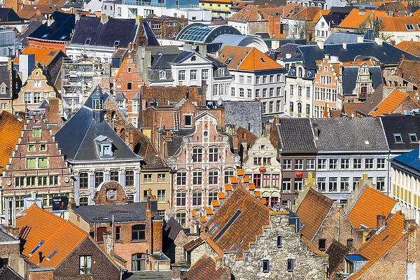 Belgium, Flanders, Ghent (Gent). High angle view of Flemish buildings in old town center