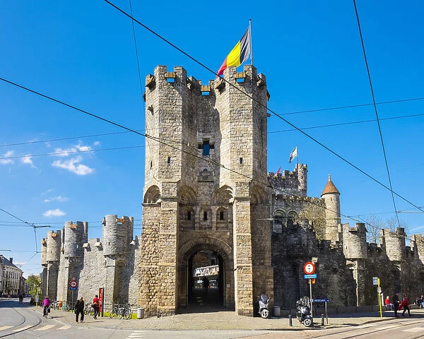 Belgium, Flanders, Ghent (Gent). Front entrance of Gravensteen castle