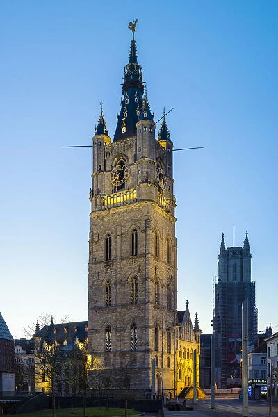 Belgium, Flanders, Ghent (Gent). Het Belfort von Gent, 14th centruy belfry, at dawn
