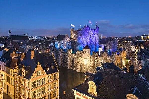 Belgium, Flanders, Ghent, Night view of the Gravensteen castle