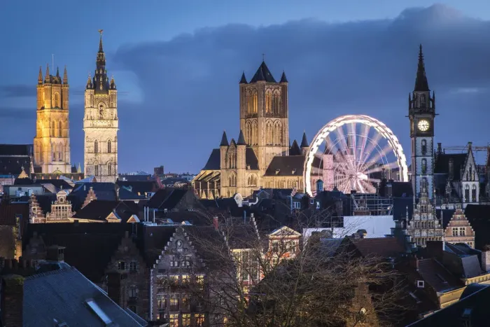 Framed Print : Belgium, Flanders, Ghent, Night view of the town centre Framed Print : Belgium, Flanders, Ghent, Night view of the town centre