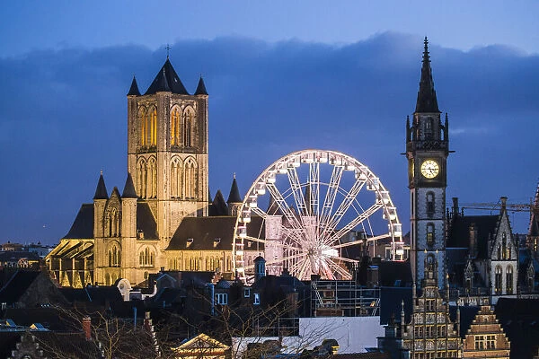 Belgium, Flanders, Ghent, St Nicholas church and the Ferris wheel at night