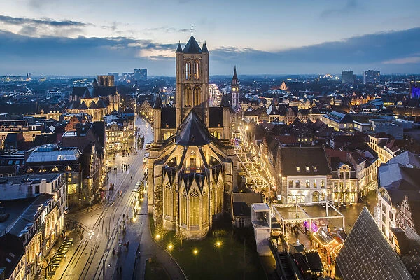 Belgium, Flanders, Ghent, St Nicholas church at dusk
