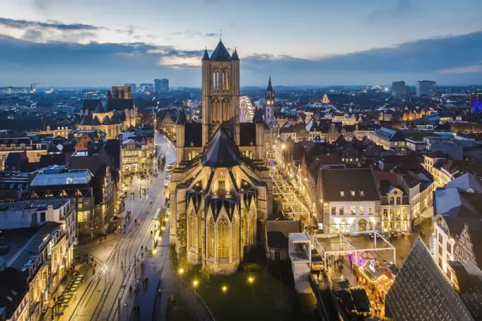 Framed Print : Belgium, Flanders, Ghent, St Nicholas church at dusk Framed Print : Belgium, Flanders, Ghent, St Nicholas church at dusk