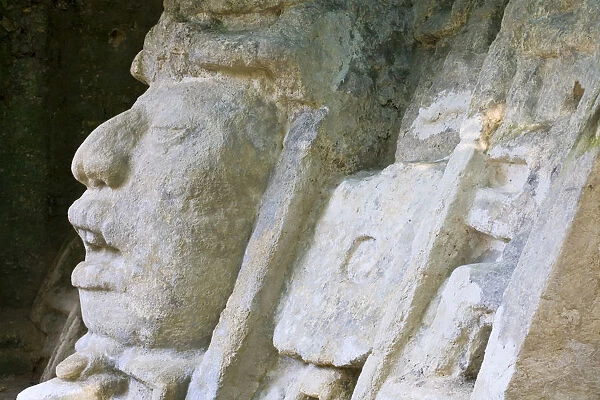 Belize, Lamanai, Mask Temple (Structure N9-56), 13ft mask of a man in a crocodile