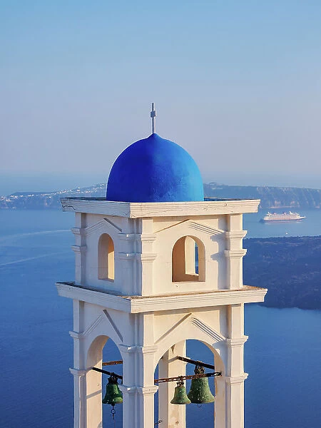 Bell Tower of the Church of the Resurrection of the Lord at sunset, Imerovigli, Santorini or Thira Island, Cyclades, Greece