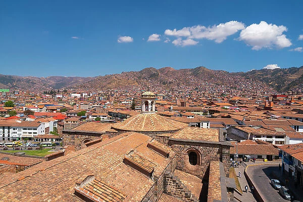 Bell tower of Coricancha with and Cusco skyline, UNESCO, Cusco, Cusco Province, Cusco Region, Peru