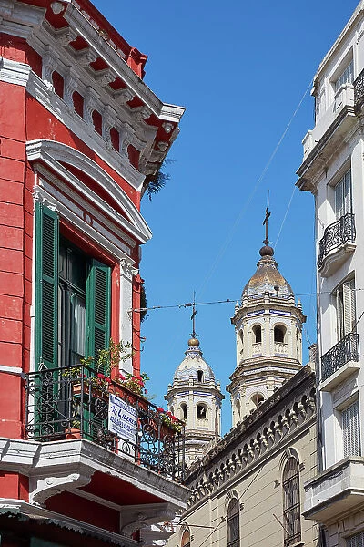 The bell towers of the San Pedro Gonzalez Telmo church seen from Plaza Dorrego, San Telmo, Buenos Aires, Argentina