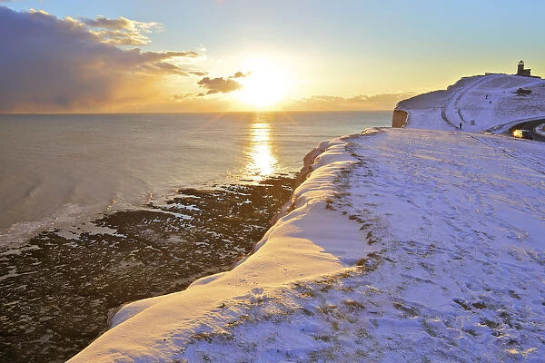 Belle Tout Lighthouse At A Snow Covered Beachy Head, Eastbourne Downland Estate