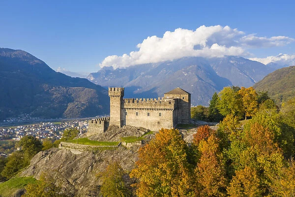 Bellinzona castles, Unesco World Heritage site, in autumn at sunset. Ticino, Switzerland
