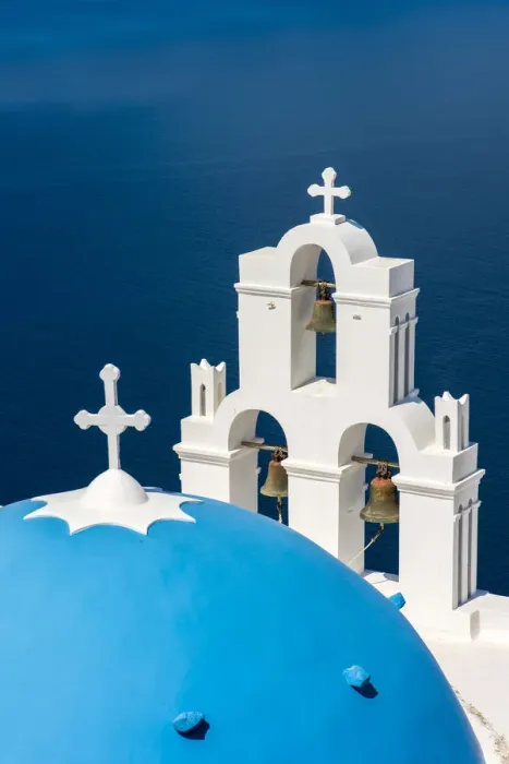 Framed Print : Three Bells of Fira with blue dome, Fira, Santorini, South Aegean, Greece Framed Print : Three Bells of Fira with blue dome, Fira, Santorini, South Aegean, Greece