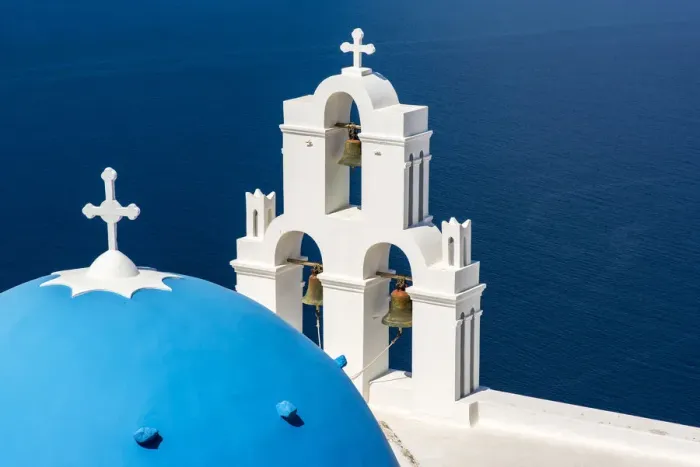 Framed Print : Three Bells of Fira with blue dome, Fira, Santorini, South Aegean, Greece Framed Print : Three Bells of Fira with blue dome, Fira, Santorini, South Aegean, Greece