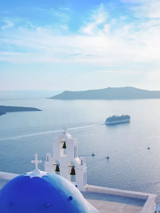 Framed Print : Three Bells of Fira, iconic blue domed church, Fira, Santorini or Thira Island, Cyclades, Greece