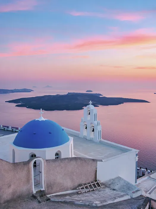 Framed Print : Three Bells of Fira, iconic blue domed church at sunset, Fira, Santorini or Thira Island, Cyclades, Greece