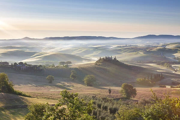 Belvedere and countryside at first light, San Quirico d Orcia, Tuscany, Italy