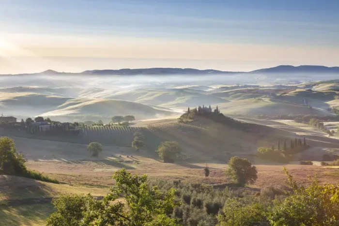 Framed Print : Belvedere and countryside at first light, San Quirico d Orcia, Tuscany, Italy Framed Print : Belvedere and countryside at first light, San Quirico d Orcia, Tuscany, Italy