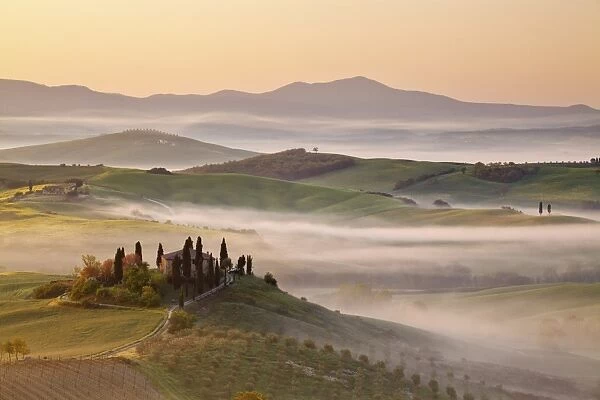 Belvedere farm at sunsise, Orcia valley, Tuscany, Italy