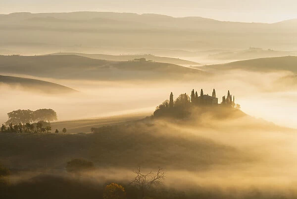 Belvedere farmhouse in Orcia valley at dawn in Siena province, Tuscany region, Italy