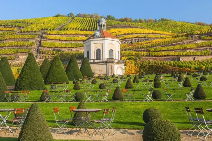Framed Print : Belvedere and Garden of Wackerbarth Castle, in the back vineyards in autumn
