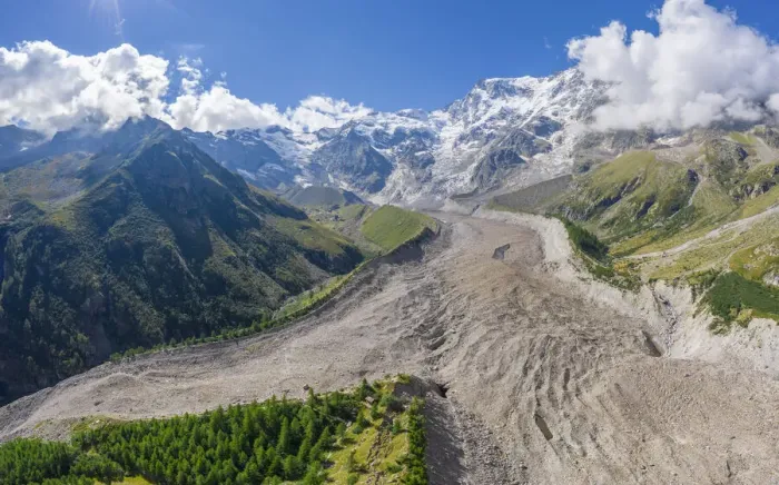 Framed Print : Belvedere glacier that divides at the feet of the east face of Monte Rosa massif