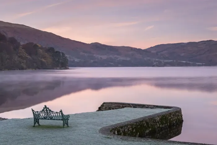 Framed Print : Bench on Ullswater at dawn on a frosty winter morning, Lake District, Cumbria, England Framed Print : Bench on Ullswater at dawn on a frosty winter morning, Lake District, Cumbria, England