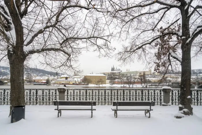 Framed Print : Empty benches facing view of Prague Castle in winter, Prague, Bohemia, Czech Republic Framed Print : Empty benches facing view of Prague Castle in winter, Prague, Bohemia, Czech Republic