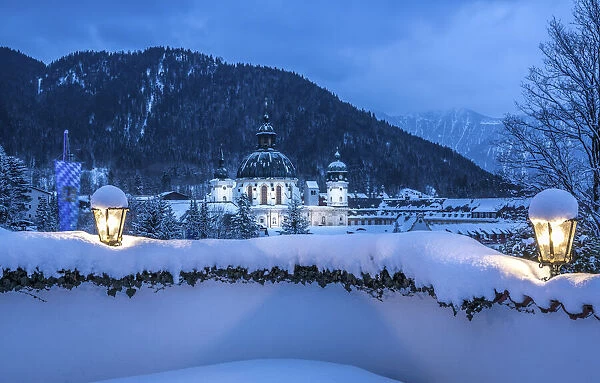 Benedictine Abbey Ettal at the blue hour, Ettal, Upper Bavaria, Bavaria, Germany