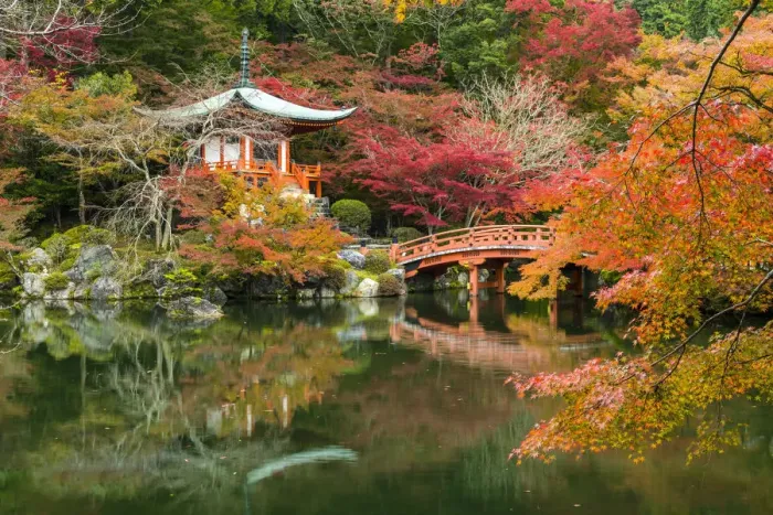 Framed Print : Bentendo Hall & Bridge in Autumn, Daigo-ji Temple, Kyoto, Japan