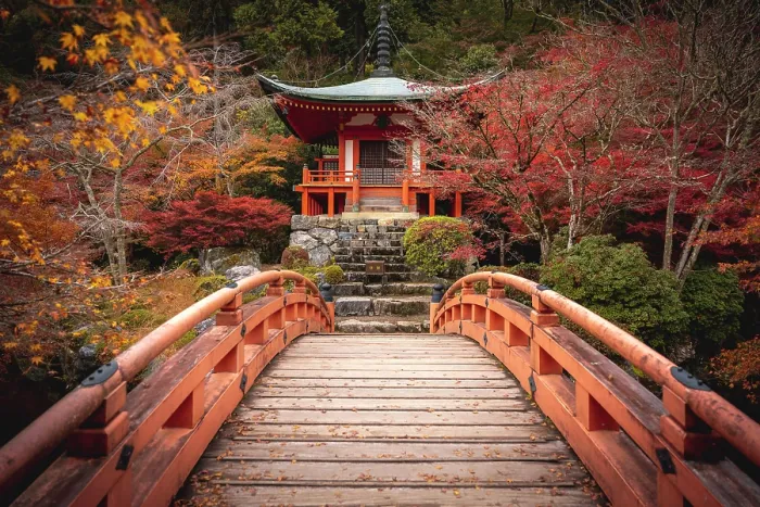 Framed Print : Bentendo Hall & Bridge in Autumn, Daigo-ji Temple, Kyoto, Japan