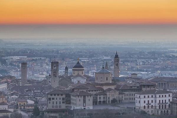 Bergamo, Lombardy, Italy. A view from San Vigilio at dusk