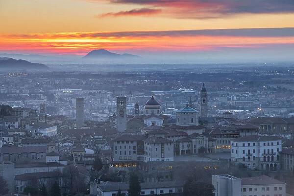 Bergamo upper town at dawn. Bergamo Upper Town (Citta Alta), Bergamo province, Lombardy