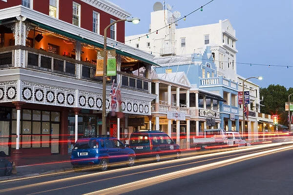 Bermuda, Hamilton, Front Street, Colourful buildings along Hamiltons main street