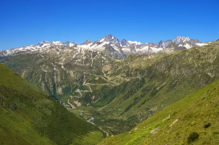 Framed Print : Bernese Alps and Grimsel pass road seen from Furka pass, Urner Alps, canton Valais Framed Print : Bernese Alps and Grimsel pass road seen from Furka pass, Urner Alps, canton Valais