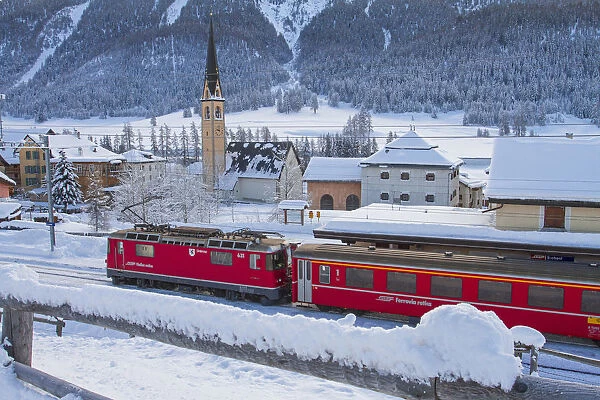 Bernina Express at Berninapass. Engadine valley, Switzerland, Europe
