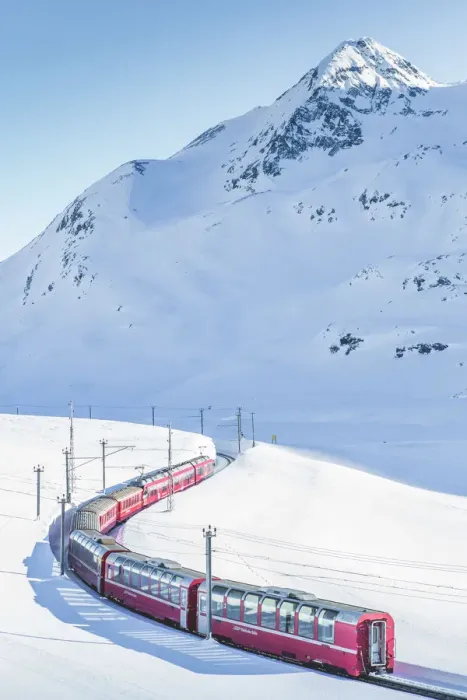 Framed Print : Bernina Express red train passing Lago Bianco in a scenic winter mountain landscape Framed Print : Bernina Express red train passing Lago Bianco in a scenic winter mountain landscape