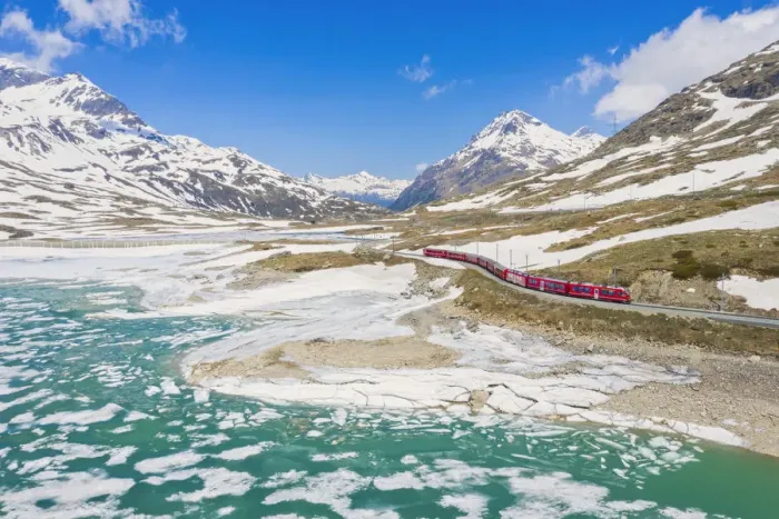 Framed Print : Bernina Express train at Lago Bianco during thaw, Bernina Pass, canton of Graubunden Framed Print : Bernina Express train at Lago Bianco during thaw, Bernina Pass, canton of Graubunden