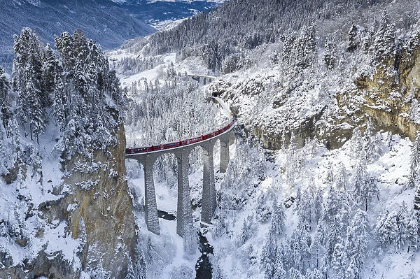 Bernina Express train on Landwasser viaduct in a snowy winter, Filisur