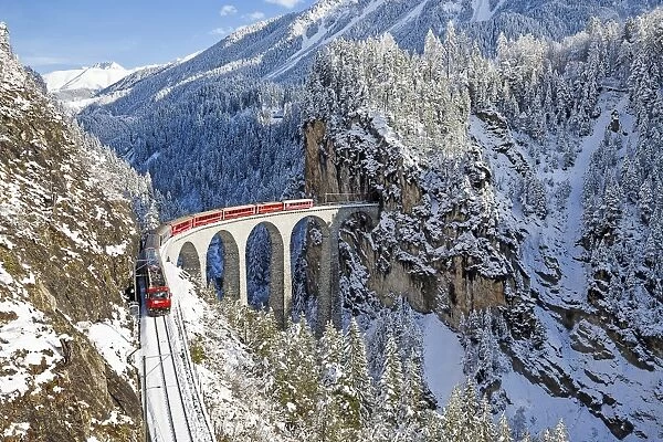 Bernina train at Landwasser viaduct, Unesco world heritage, Engadine, Switzerland