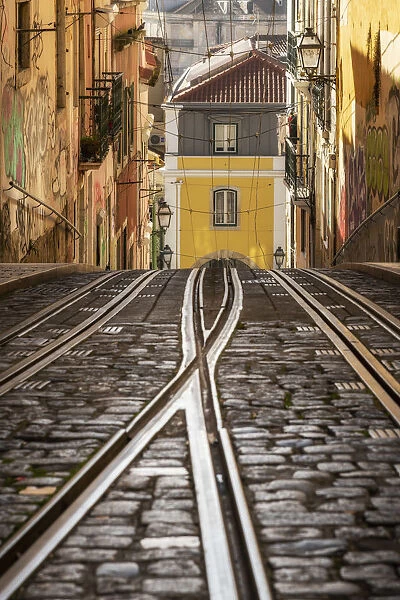 Bica funicular rail track, Lisbon, Portugal
