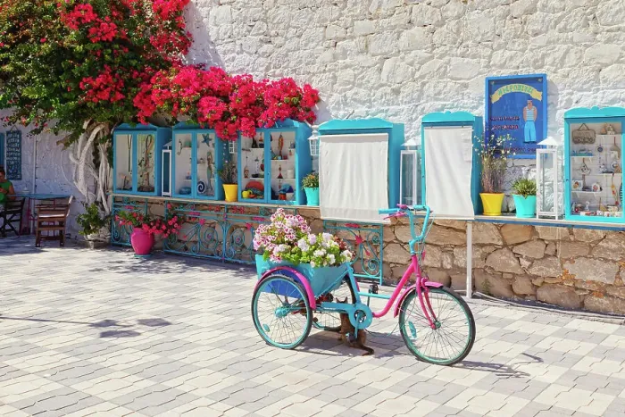 Framed Print : Bicycle filled with flowers, Adamas, Milos Island, Cyclades Islands, Greece Framed Print : Bicycle filled with flowers, Adamas, Milos Island, Cyclades Islands, Greece