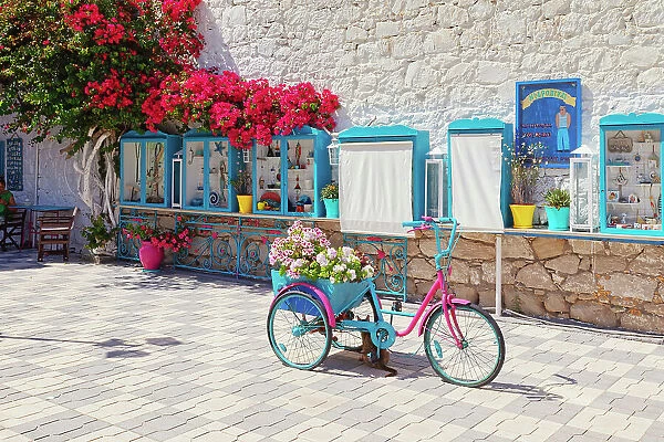 Bicycle filled with flowers, Adamas, Milos Island, Cyclades Islands, Greece