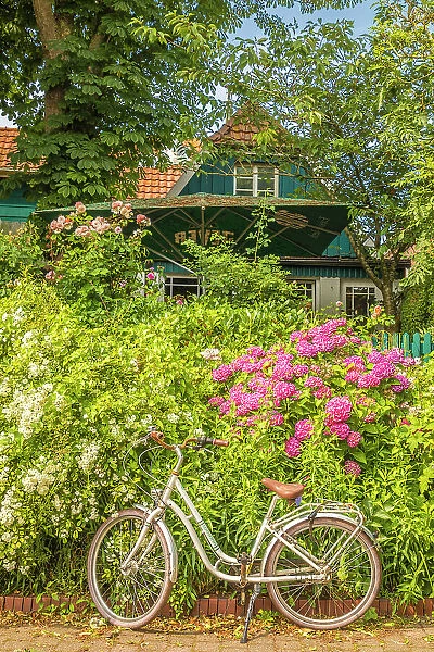 Bicycle in front of idyllic house and garden in the village center of Spiekeroog, East Frisian Islands, East Frisia, Lower Saxony, Germany