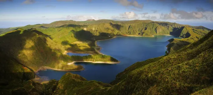 Framed Print : The big volcanic crater of Lagoa do Fogo (Fire Lagoon), a nature reserve and one of Framed Print : The big volcanic crater of Lagoa do Fogo (Fire Lagoon), a nature reserve and one of