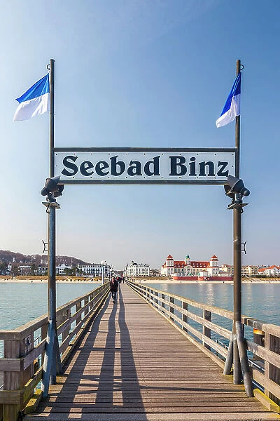 Binz pier on the island of Rugen with a view of the city, Mecklenburg-Western Pomerania, Baltic Sea, Northern Germany, Germany