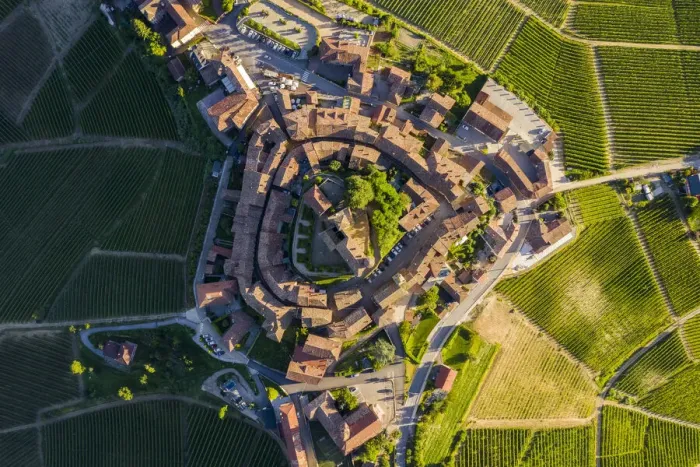 Framed Print : Birds eye view of the medieval town of Serralunga d Alba and its castle Framed Print : Birds eye view of the medieval town of Serralunga d Alba and its castle