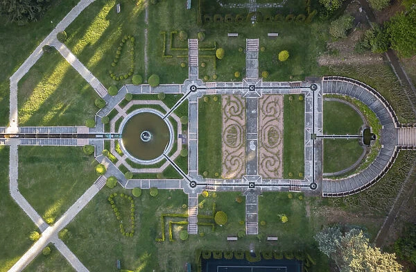 Birds eye view of Villa Toeplitz gardens and fountains. Varese, Lombardy, Italy