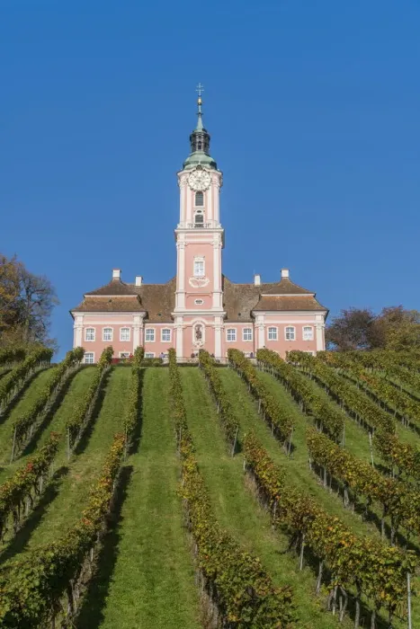 Framed Print : Birnau sanctuary and vineyards from below. Uhldingen-Muhlhofen, Baden-Wurttemberg, Germany Framed Print : Birnau sanctuary and vineyards from below. Uhldingen-Muhlhofen, Baden-Wurttemberg, Germany