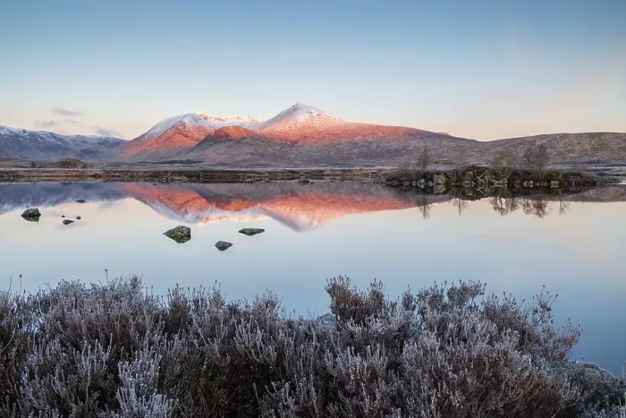 Framed Print : Black Mount reflected in Lochan na h-achlaise on a frosty morning on Rannoch Moor in the Scottish Highlands, Scotland. Spring (March) 2024