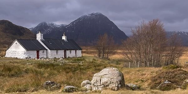 Black Rock cottage and Buachaille Etive Mor mountain on Rannoch Moor in the Scottish Highlands
