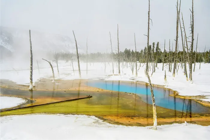 Framed Print : Black Sand Geyser Basin in winter- Opalescent Pool, Yellowstone National Park, Wyoming, USA Framed Print : Black Sand Geyser Basin in winter- Opalescent Pool, Yellowstone National Park, Wyoming, USA